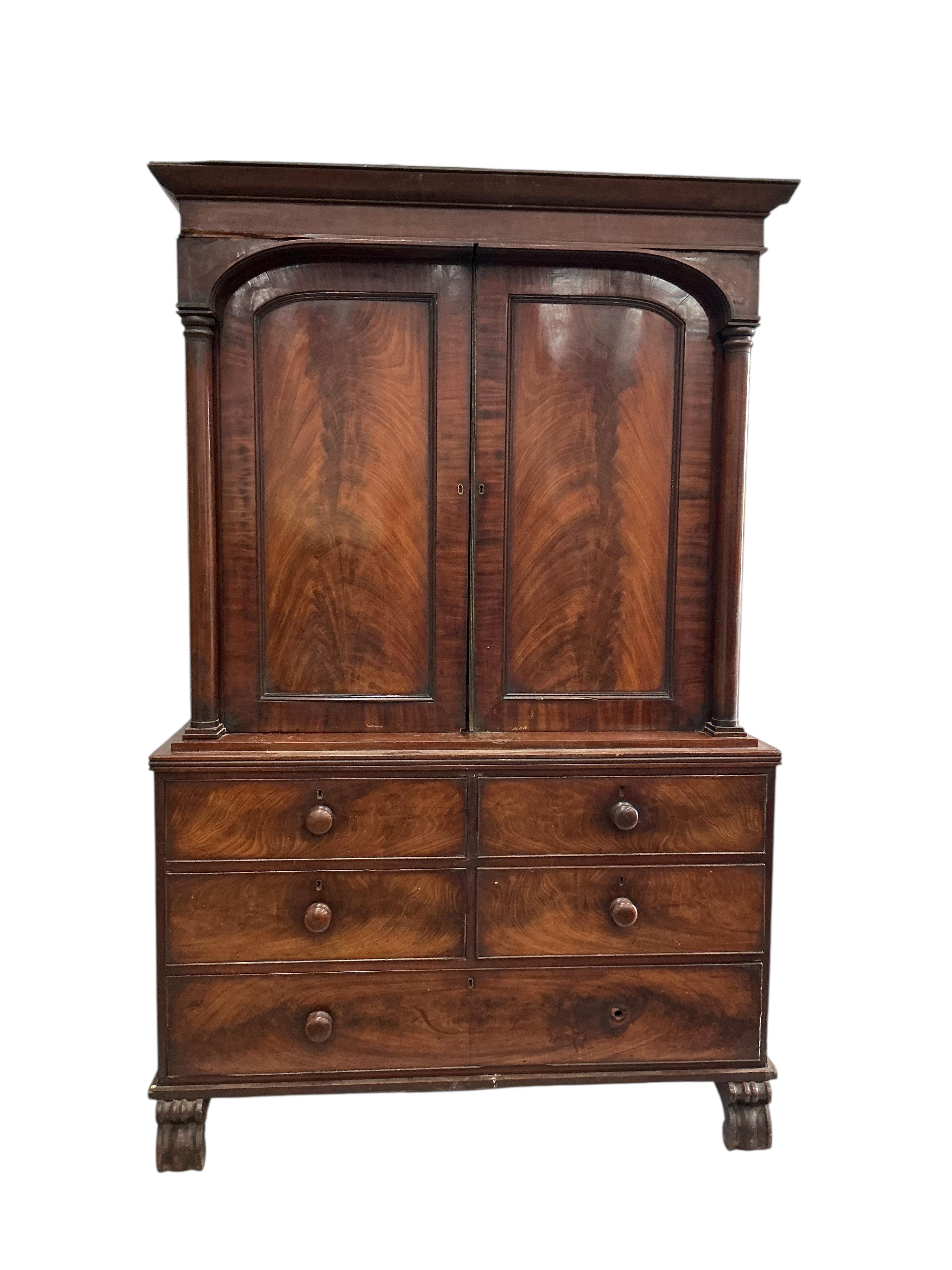 An early Victorian mahogany linen press, width 136cm, depth 62cm, height 211cm